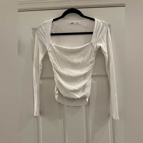 Elodie White Long Sleeve Square Neck Ruched Ribbed Knit Stretch Top Blouse Small - Picture 2 of 5